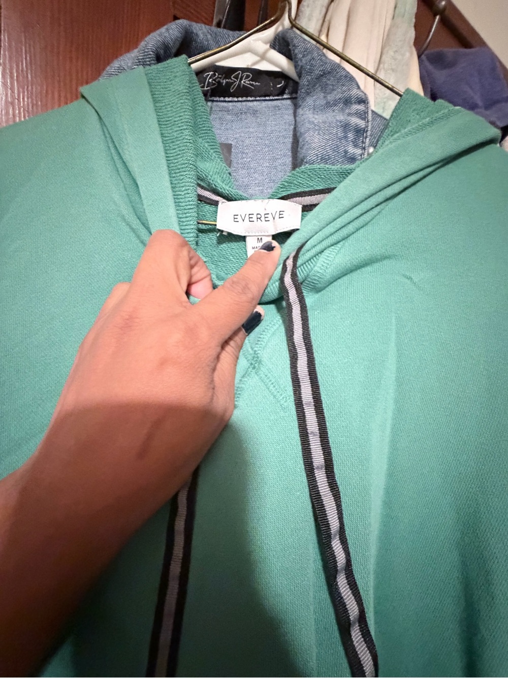 Evereve Mint Green Hoodie with Black & White Striped Drawstrings